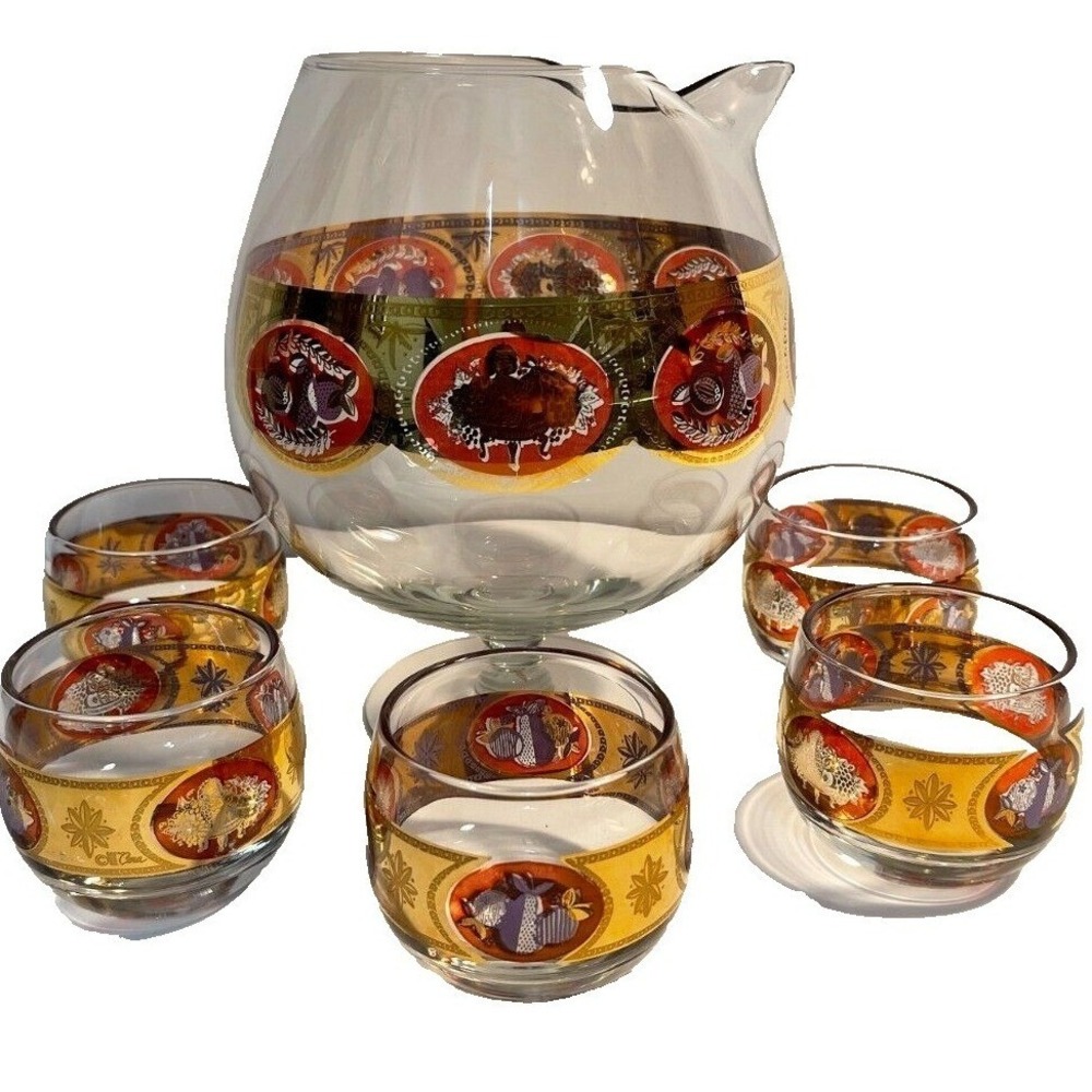 Vintage Cera Glass Pitcher/Decanter Set 6 Roly Poly Glasses Gold Fruit Barware